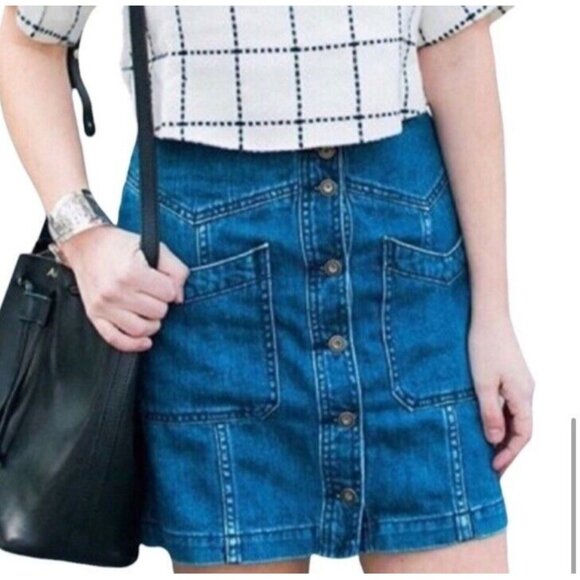 Free People Dresses & Skirts - Free People "come a little closer" denim mini skirt size 2 XS Button Down NWOT